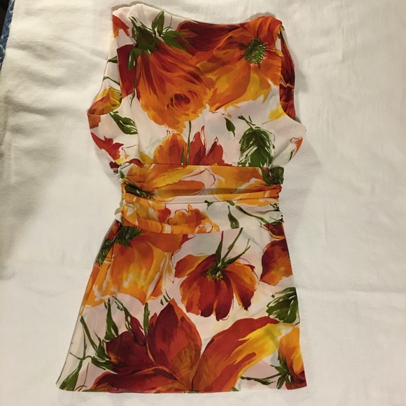 Karen Kane size L sleeveless rust/orange/gold floral blouse, body con, V-Neck - Picture 2 of 6